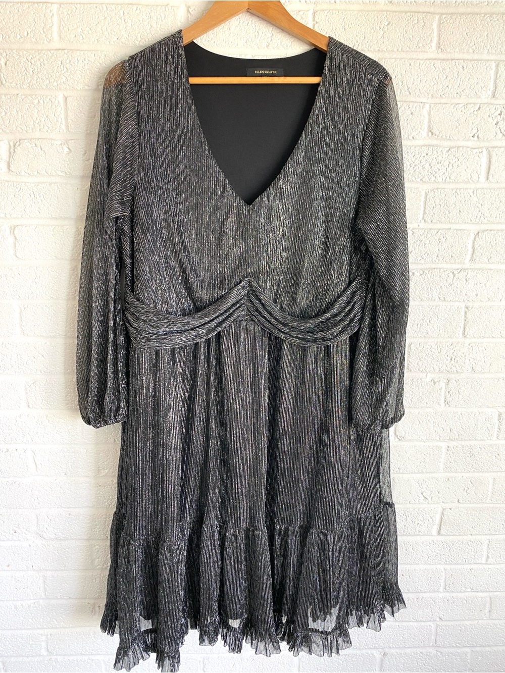 Ellen Weaver Black Silver Metallic V-Neck Long Sleeve Dress Plus Size 1X Wedding